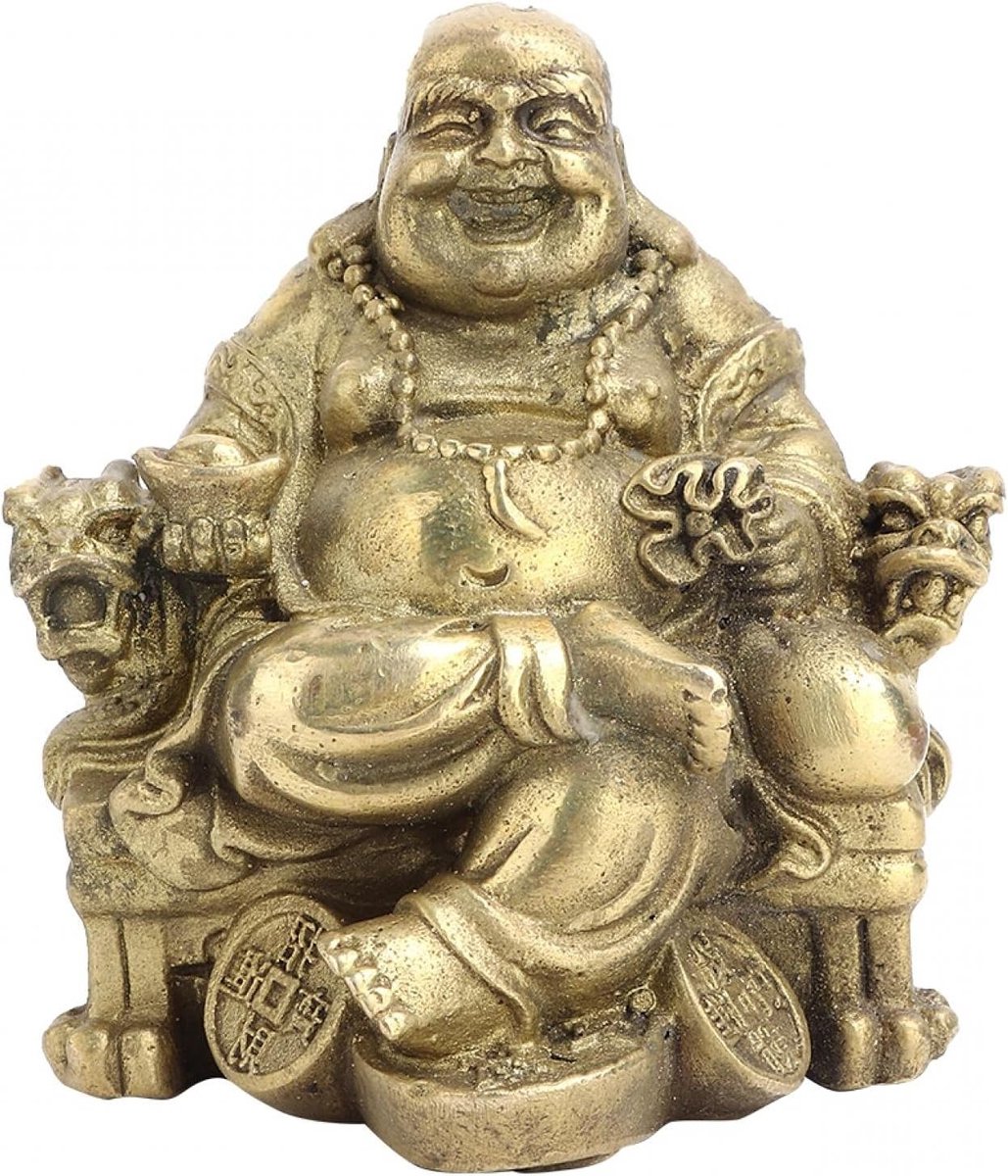 Zittende Boeddha met Geluksmunt en Gouden Ingot voor Feng Shui, Geluk en Welvaart