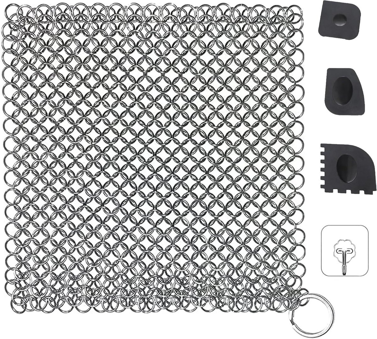 Robuuste gusseisenreiniger van roestvrij staal met plastic grill en zelfklevende haken voor het schoonmaken van gietijzeren pannen, wokken en Dutch Ovens, ideaal voor keukengerei en kookaccessoires