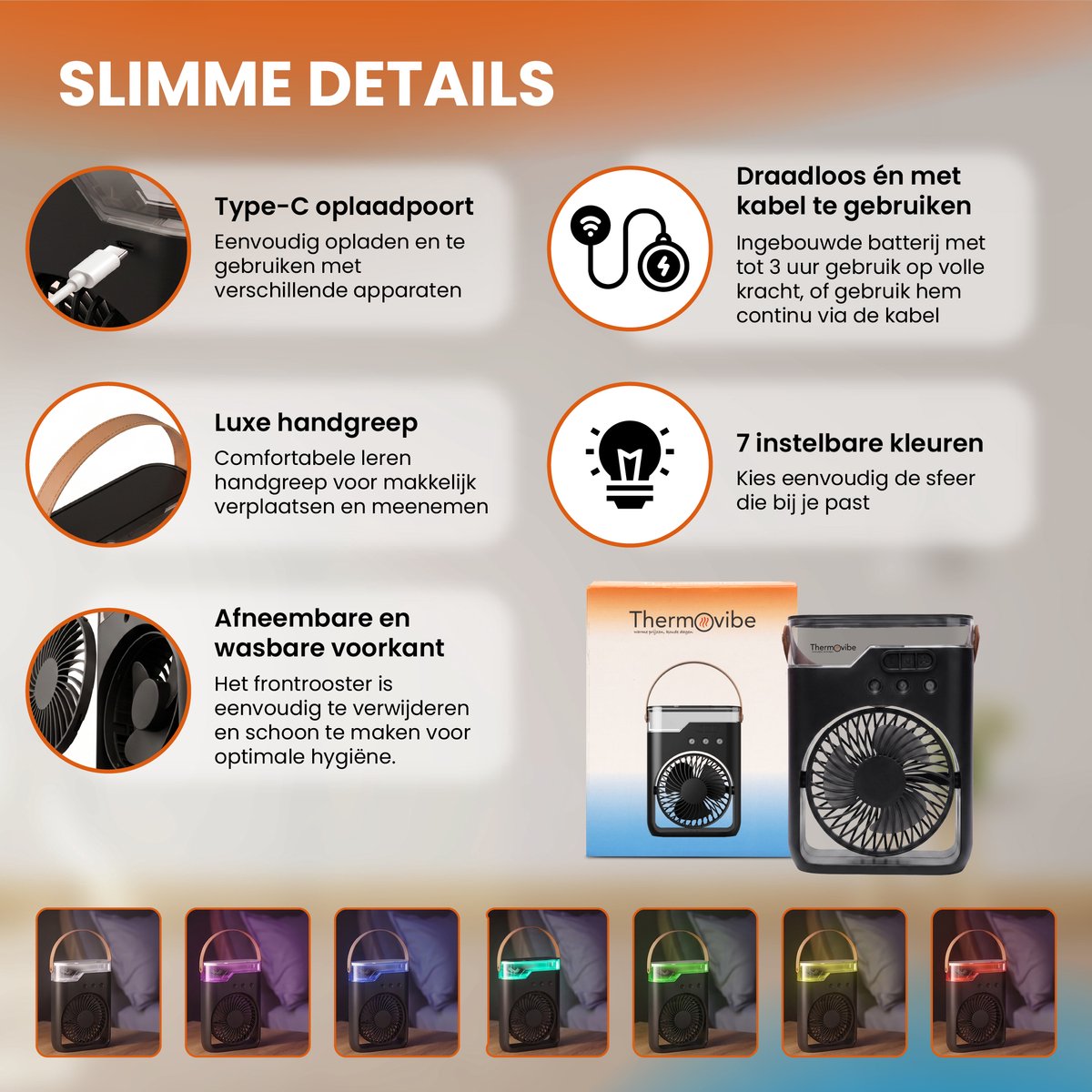 Thermovibe Tafelventilator met Mistfunctie - Kleine Draagbare Oplaadbare Ventilator - Draadloos - Bureau Ventilator met Water, Geurverspreider en Verlichting — afbeelding 9