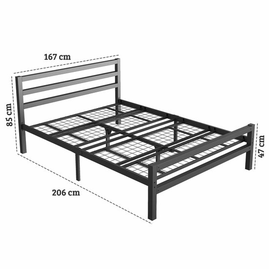 Zwart metalen bedframe met rechte poten, hoofdeinde met drie horizontale spijlen. Afmetingen 206x47x85 cm.