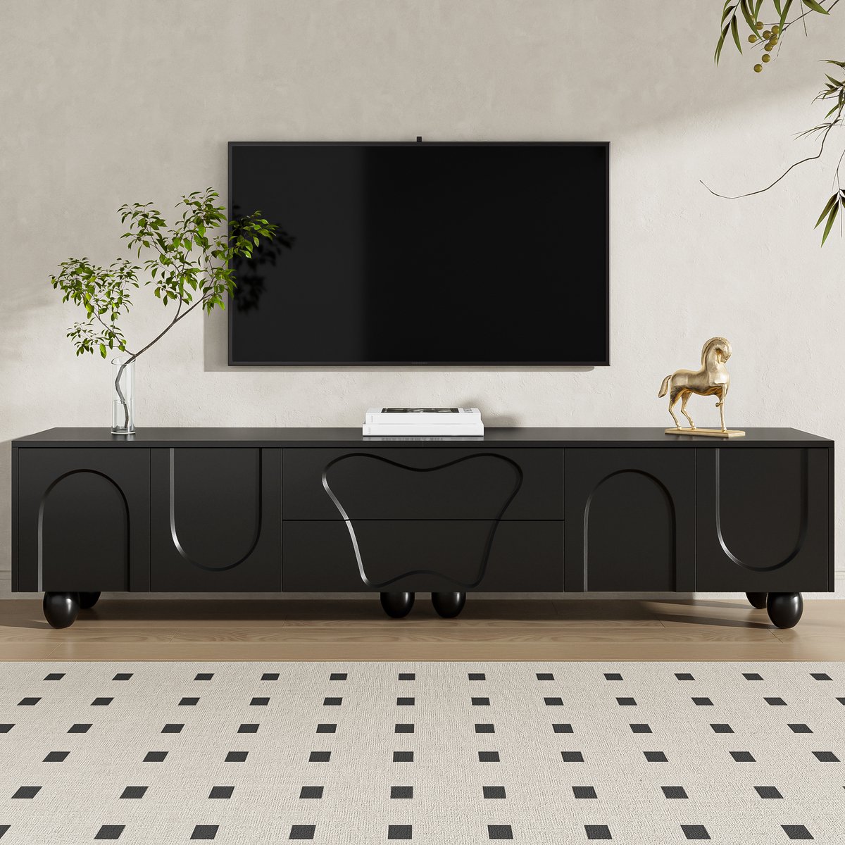 REDOM - Televisiemeubel - Met Laden En Opbergvakken - Modern - Woonkamer - Spaanplaat En Houten Poten - Zwart - 180 x 40 x 42 cm