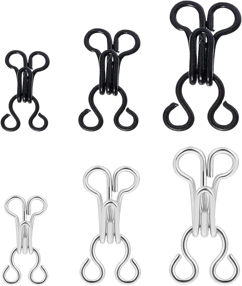 Sewing Hooks en Ogen Set - 12 Paar Haakjes voor Ondergoed, Beha's en Jurken in 3 Maten, Zwart en Zilver