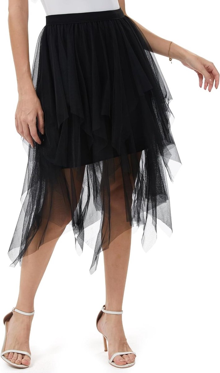 Elegante Tulle Rok voor Dames, Ongelijke Gelaagde Midi Rok met Elastische Taille, Ideaal voor Feestjes en Dagelijks Gebruik