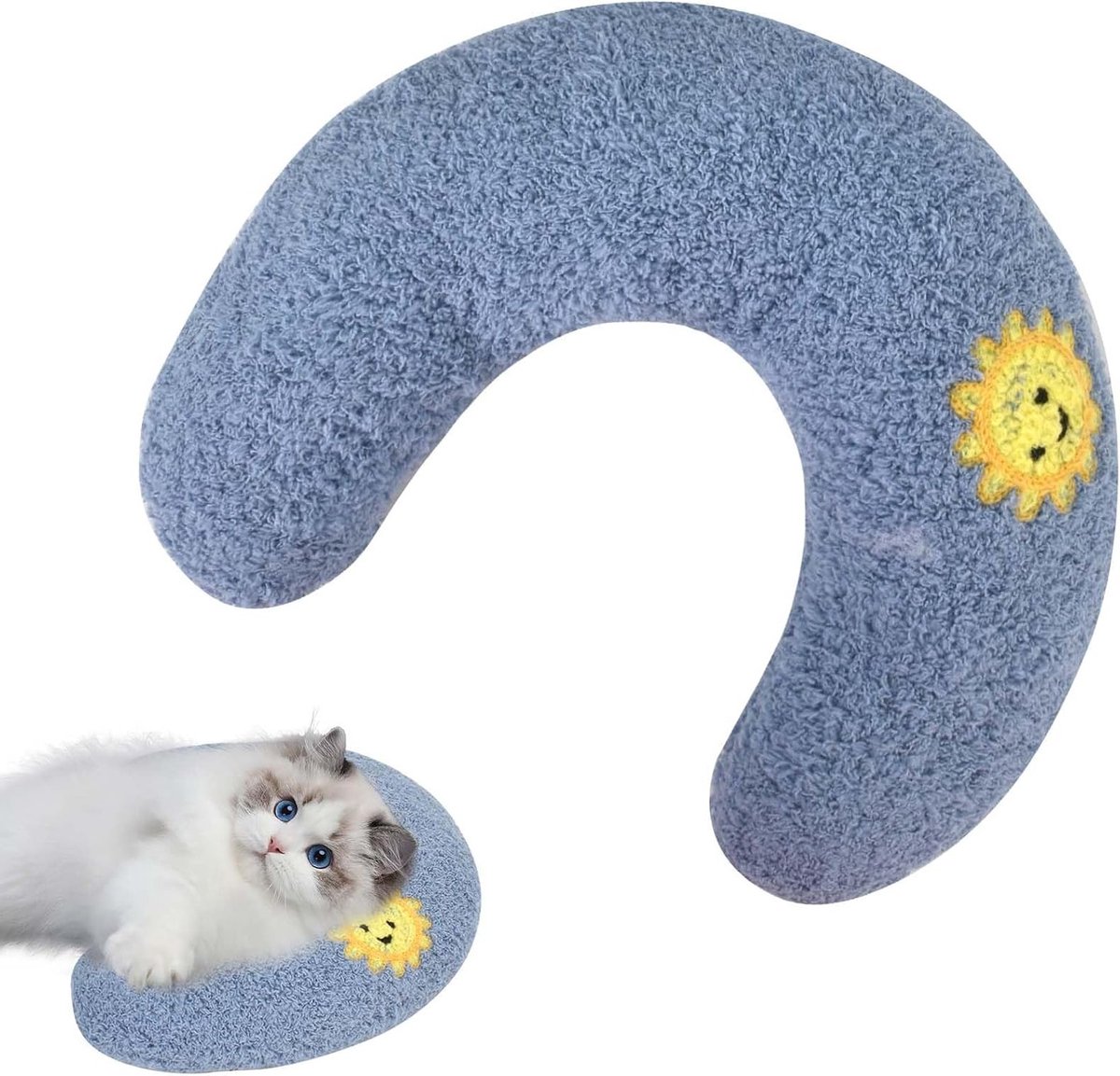 Pluizig kussen voor katten - Zacht bedkussen met rustgevend speelgoed - Wasbaar U-vormig kussen voor een ontspannen slaap (blauw)