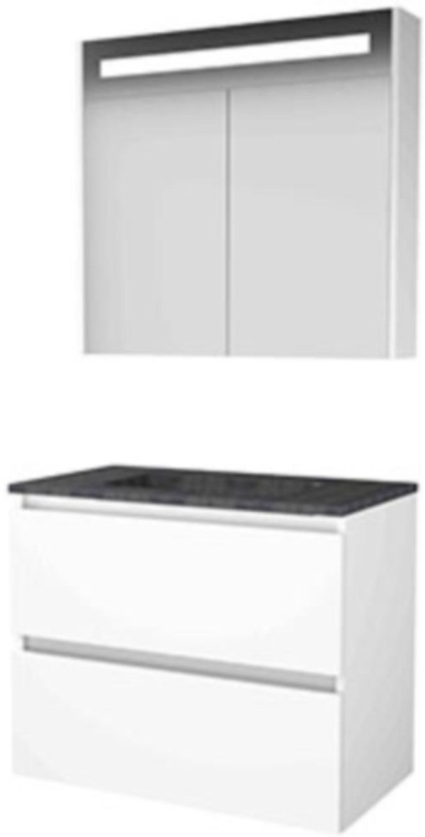 Basic-Line Premium 46 Badkamermeubelset - 80 x 46 cm - Greeploos - 2 Lades - Hardstenen Wastafel - 1 Kraangat - Spiegelkast met LED Verlichting - Ice White