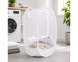 HEM Pop-up Wasmand 64 Liter – Opvouwbare Laundry Basket – Inklapbare Wasbox met Mesh – Wit – Inclusief HEM Microvezeldoekje