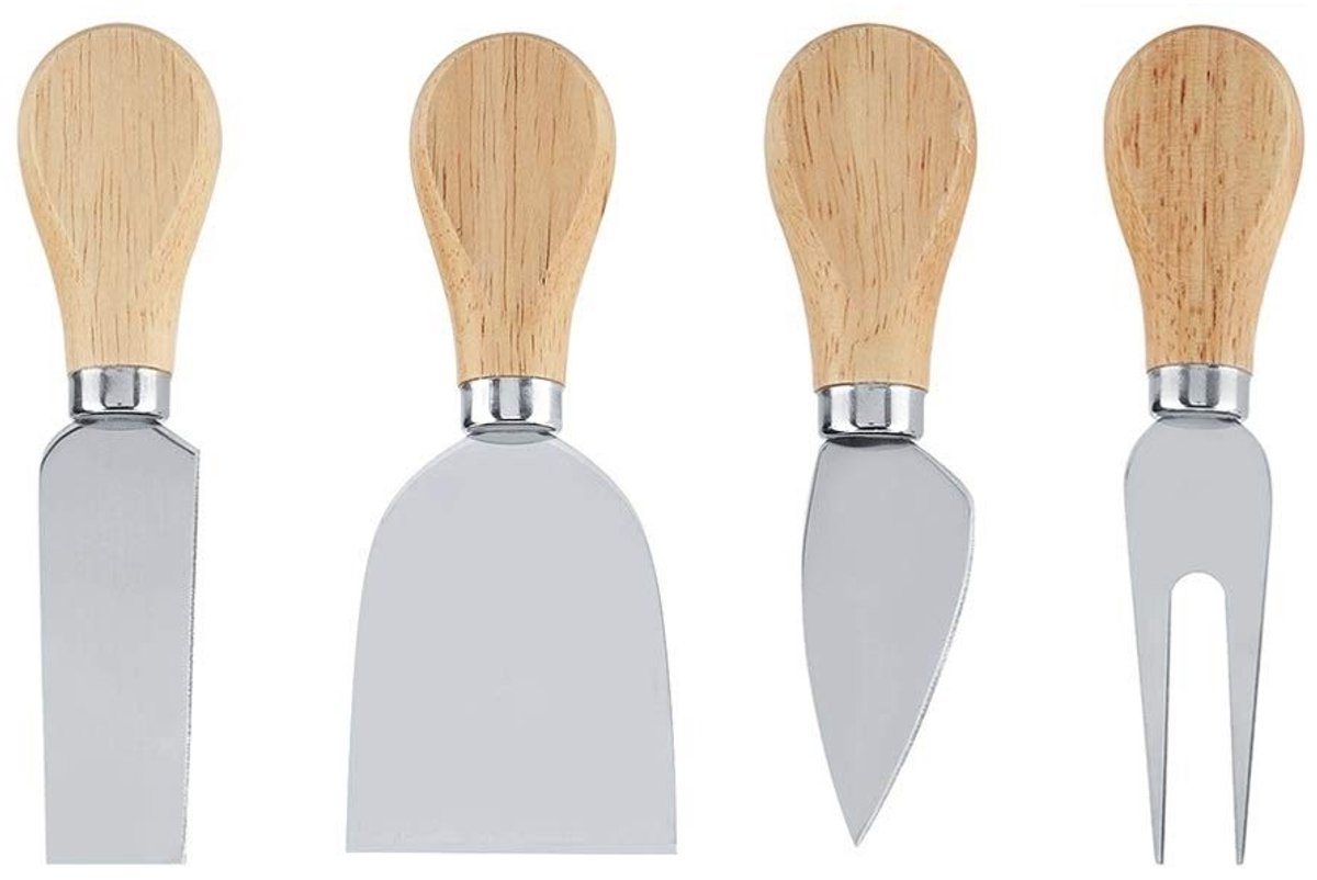 Dailygoody - Roestvrij Stalen Kaasmessen - 4 Stuks Set - Houten Handvat - Handig voor Kaasliefhebbers - Ideaal voor Kaasplank - Zilver