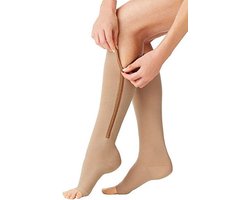 Hoogwaardige compressiekousen met ritssluiting, open teen en tot de knie, met been- en kuitsteun (S/M, beige)