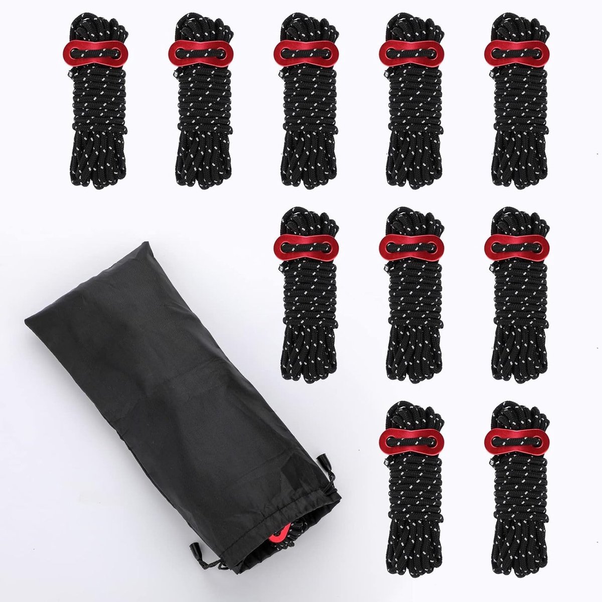 Reflecterende Tentlijnen met Spanner, 4 m Nylon Koord met Aluminium Spanner, 4 mm Dikte, Luminous Tent Haringen voor Zonnescherm (10 Stuks, Zwart)