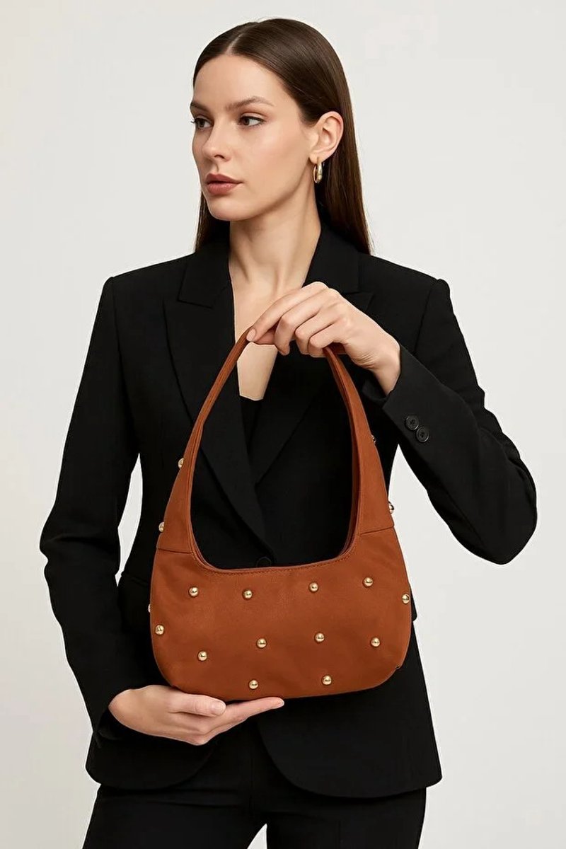 Dames Bruin Schoudertas Ovale Tas Middelgrote Handtas Suede Look Tas Met Metalen En Steendetails Voor Dagelijks Gebruik En Uitgaan