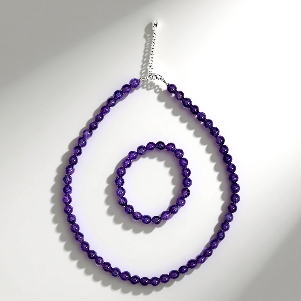 Cavill - Luxe Zilveren Sieradenset met 8 mm Braziliaanse Amethist - 925 Sterling Zilver - Armband 17 cm & Verstelbare Ketting