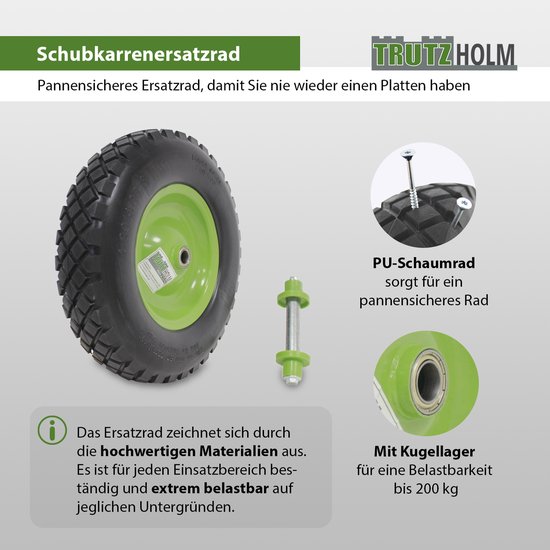 Kruiwagenwiel groen/zwart massief rubber 4.80/4.00-8 + as Reservewiel Band kruiwagen PU — afbeelding 5