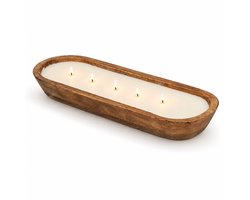 Langwerpige Geurkaars in Houten Kom – Luxe Soja Kaars met 5 Lonten – Knisperend Openhaard Effect – Grote Sfeerkaars – Rustieke Woondecoratie & Cadeau