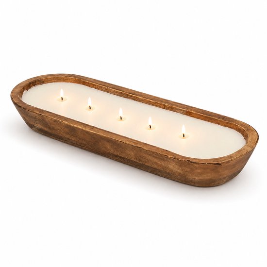 Langwerpige Geurkaars in Houten Kom – Luxe Soja Kaars met 5 Lonten – Knisperend Openhaard Effect – Grote Sfeerkaars – Rustieke Woondecoratie & Cadeau