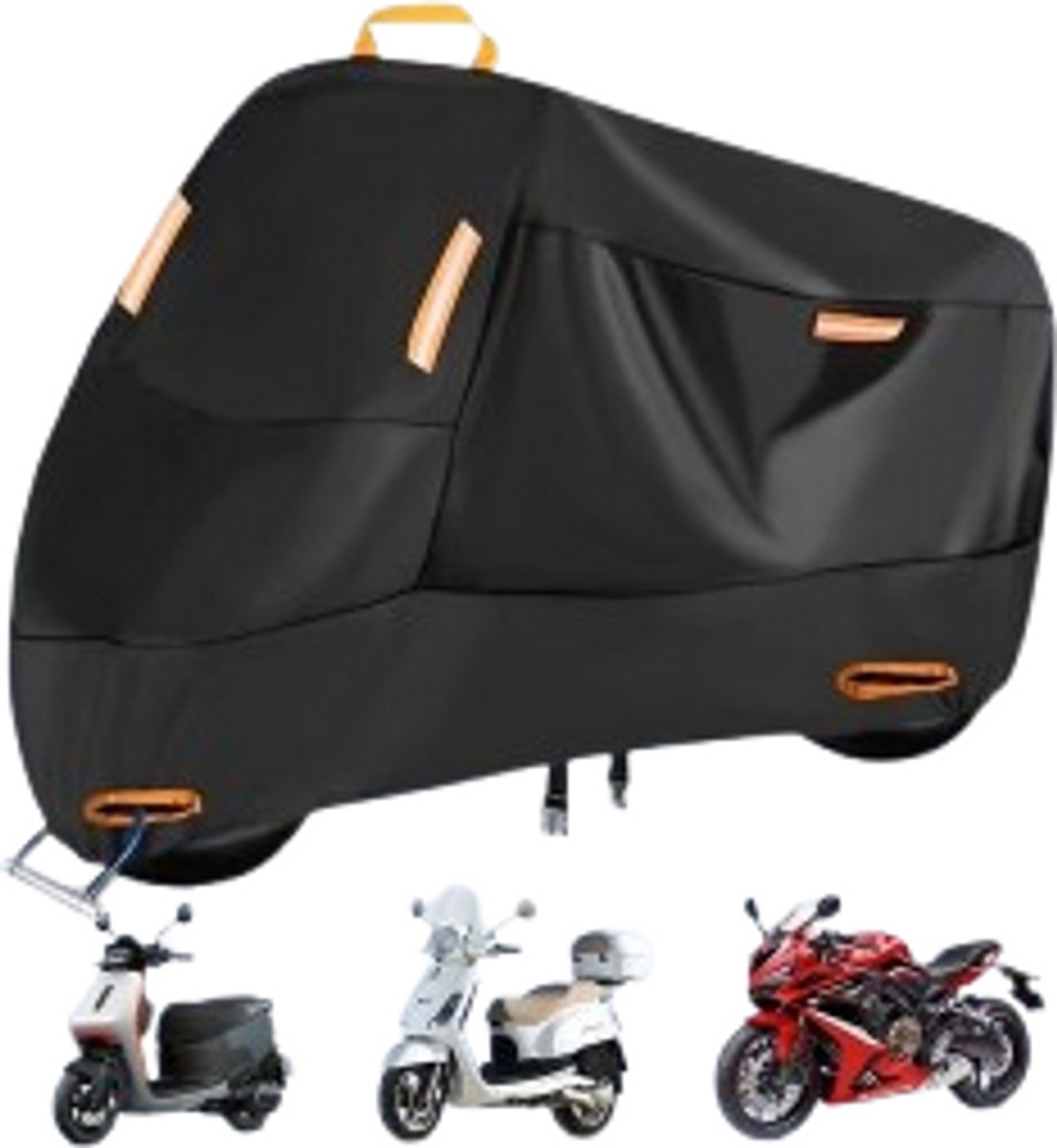 Motorhoes - Duurzaam, geschikt voor alle seizoenen - Waterdicht voor buiten - Waterdichte hoes - Scooterhoes voor buiten - Geschikt voor motoren, elektrische fietsen, enz. - Geschikt voor hoogtes tot 2,3 meter - Zwart (oranje streep) - 1 stuk – foto 6