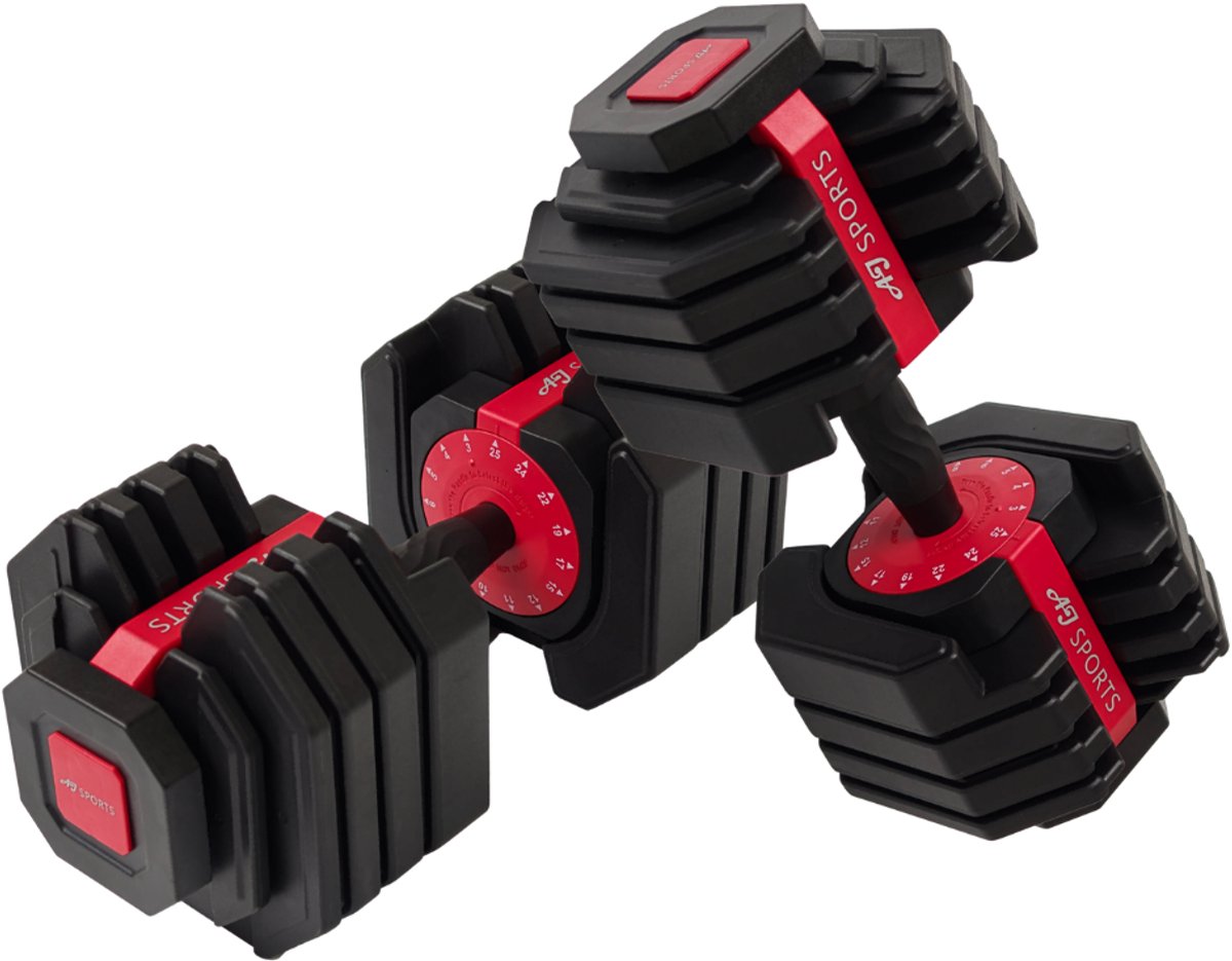 AJ-Sports Verstelbare Dumbells Rood - 2kg t/m 25kg - Gewichten - Dumbells set - Gewichten set - Smart Dumbells - Halterset - Krachttraining - Fitness - Gym - Sport - Crossfit - 15 Dumbells in één! - Set van 2 Stuks!