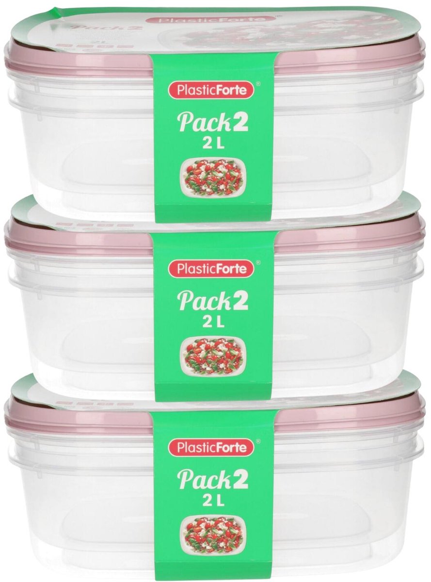 Plasticforte Vershoudbakjes - 6x stuks - 2 liter - herbruikbaar - transparant/roze - kunststof - magnetron - vriezer