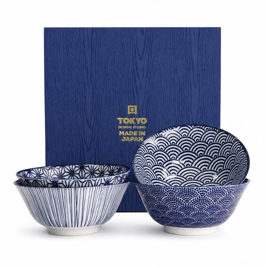 Tokyo Design Studio Nippon Blue - Set de 4 bols - Ø 15,2 cm - Dans une belle boîte cadeau
