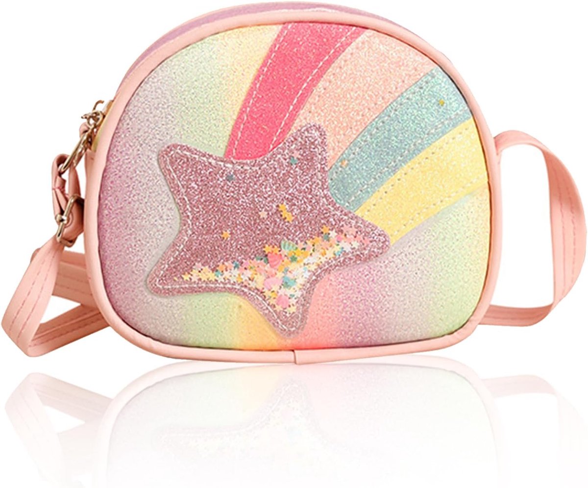 JeiibrZui Kinder Mode - Regenbogen Umhängetasche - 16x5x14 Cm - 1 Stuks - Veelkleurig - Leuke Crossbody Tas Voor Meisjes 3-10 Jaar - Verstelbare Schouderriem - Kunstleder Handtas Voor Feestjes En School
