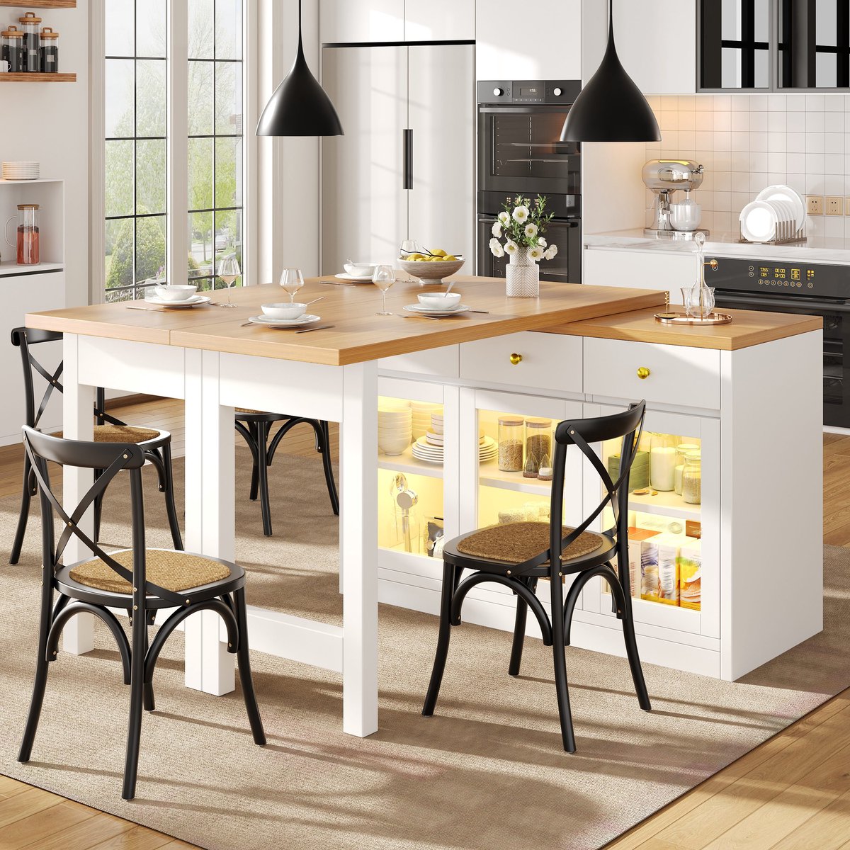 PHOEBE CAT Uitschuifbare Eettafel - Keukeneiland - Opbergkast - LED-verlichting - 3 lades - Glazen deuren - Naturel + Wit