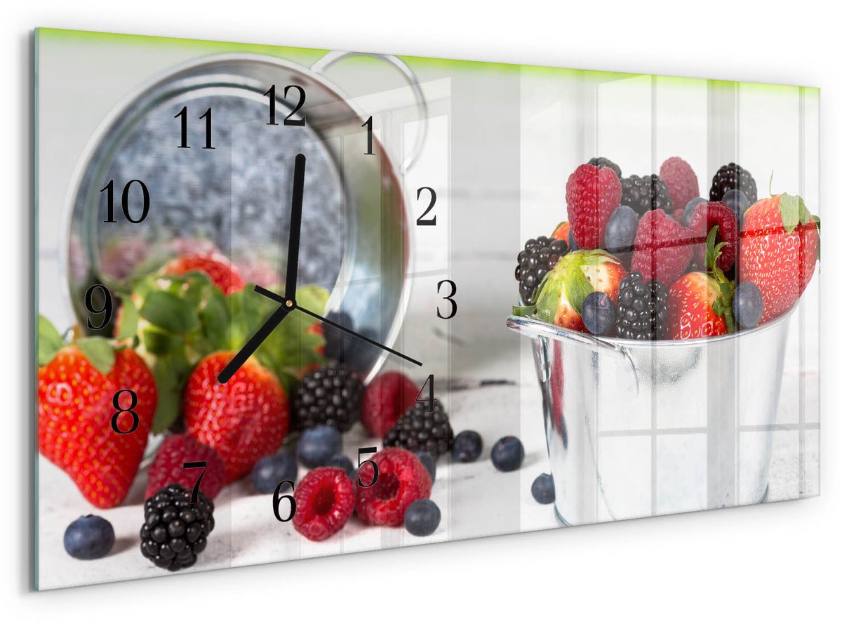 TULUP Wandklok - Bosvruchten Glazen Wandklok Design - 60x30 cm - Rood Klok Glas Met Opdruk - Zwarte Handen - Rechthoekige Wandklok - Wandklok Glas Decoratie - Gekleurde Glazen Klok Rood - Bosvruchten