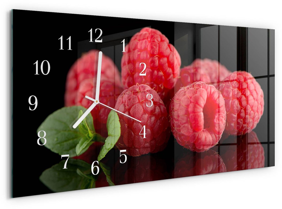 TULUP Wandklok - Frambozen Glazen Klok Met Print - 60x30 cm - Rood Moderne Glazen Wandklok - Witte Handen - Rechthoekige Wandklok - Glazen Klok Met Print - Wandklok Glas Met Motief Rood - Frambozen