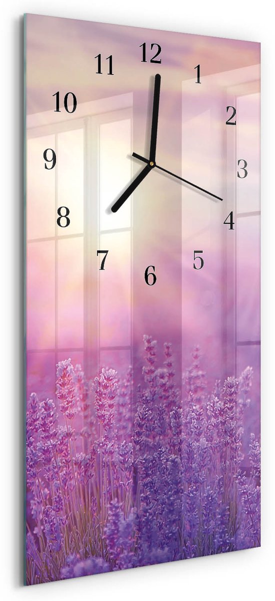 TULUP Wandklok - Lavendel Glazen Klok Met Print - 30x60 cm - Paars Moderne Glazen Wandklok - Zwarte Handen - Rechthoekige Wandklok - Glazen Klok Met Print - Wandklok Glas Met Motief Paars - Lavendel