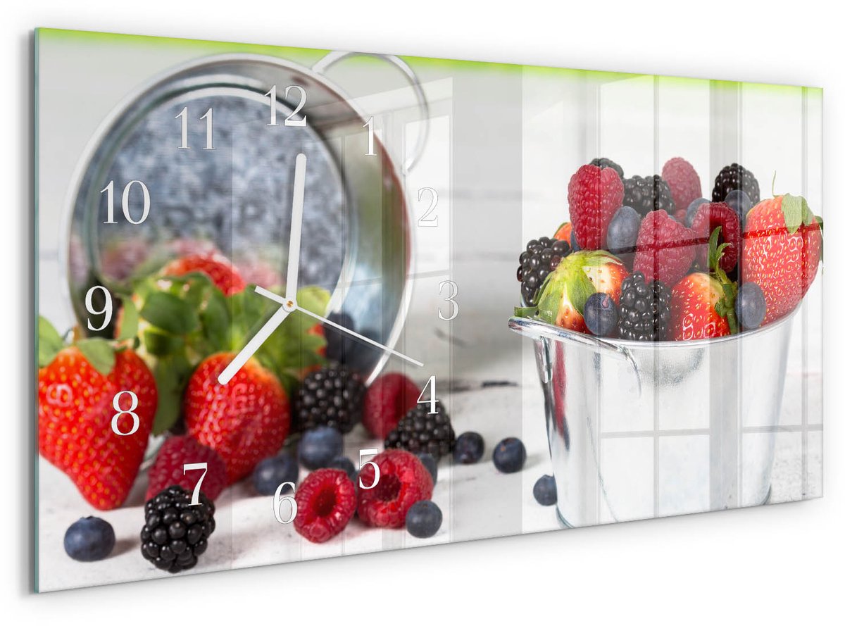 TULUP Wandklok - Bosvruchten Wandklok Glas Decoratie - 60x30 cm - Rood Gekleurde Glazen Klok - Witte Handen - Rechthoekige Wandklok - Wandklok Glas Decoratie - Gekleurde Glazen Klok Rood - Bosvruchten