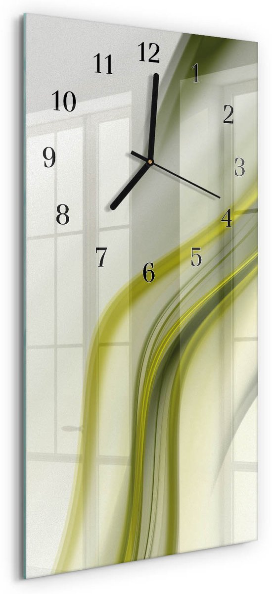 TULUP Wandklok - Abstracte lijnen Klok Glas Met Opdruk - 30x60 cm - Groente Moderne Wandklok Glas - Zwarte Handen - Rechthoekige Wandklok - Moderne Wandklok Glas - Wandklok Glas Decoratie Groente - Abstracte lijnen