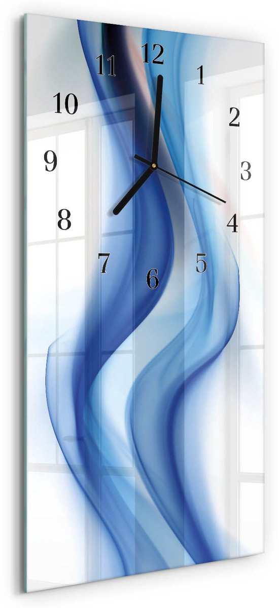 TULUP Wandklok - Abstracte rook Moderne Wandklok Glas - 30x60 cm - Blauw Wandklok Glas Decoratie - Zwarte Handen - Rechthoekige Wandklok - Wandklok Glas Decoratie - Gekleurde Glazen Klok Blauw - Abstracte rook