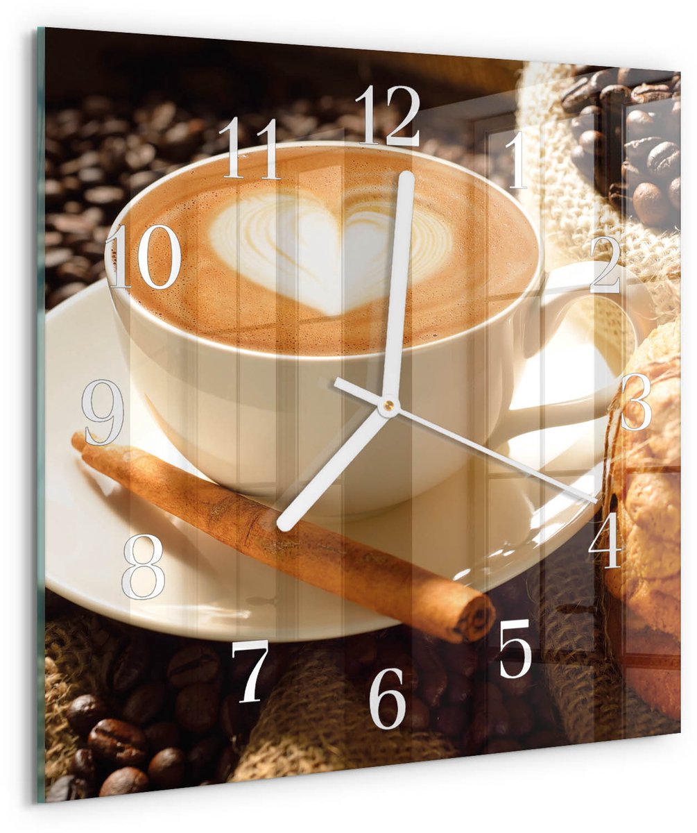 TULUP Wandklok - Koffiehart Glazen Klok Met Print - 30x30 cm - Bruin Moderne Glazen Wandklok - Witte Handen - Vierkante Wandklok - Wandklok Glas Met Motief - Decoratieve Glazen Klok Bruin - Koffiehart