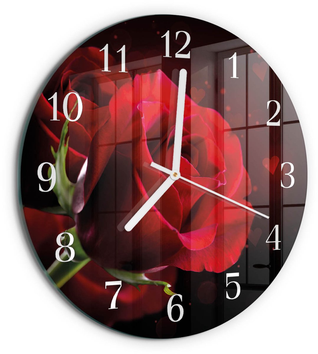 TULUP Wandklok - Rozen Wandklok Glas Met Motief - 30fi cm - Rood Decoratieve Glazen Klok - Witte Handen - Ronde Wandklok - Wandklok Glas Met Motief - Decoratieve Glazen Klok Rood - Rozen