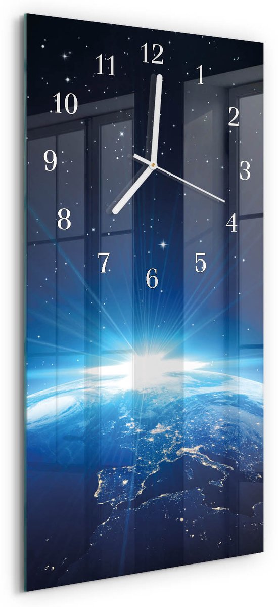 TULUP Wandklok - Aarde Weltall Wandklok Glas Met Motief - 30x60 cm - Blauw Decoratieve Glazen Klok - Witte Handen - Rechthoekige Wandklok - Decoratieve Glazen Klok - Glazen Wandklok Design Blauw - Aarde Weltall