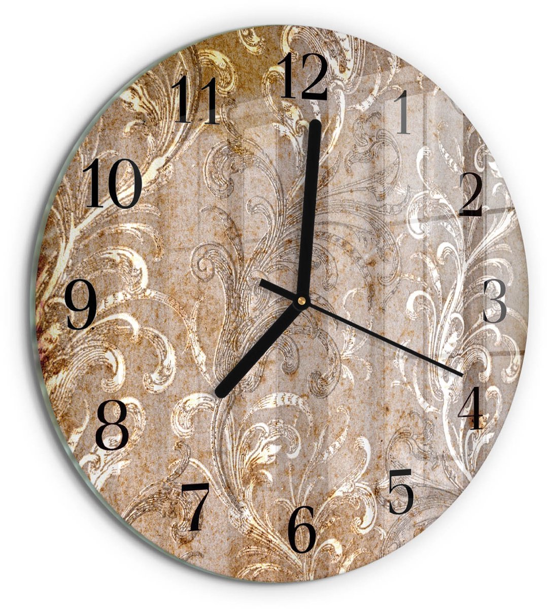 TULUP Wandklok - Bloemenpatroon Moderne Wandklok Glas - 30fi cm - Bruin Wandklok Glas Decoratie - Zwarte Handen - Ronde Wandklok - Decoratieve Glazen Klok - Glazen Wandklok Design Bruin - Bloemenpatroon