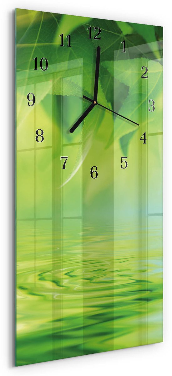 TULUP Wandklok - Bladeren Glazen Wandklok Design - 30x60 cm - Groente Klok Glas Met Opdruk - Zwarte Handen - Rechthoekige Wandklok - Wandklok Glas Met Motief - Decoratieve Glazen Klok Groente - Bladeren
