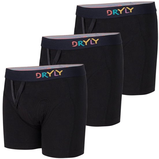 Drie zwarte boxershorts met elastische band met 'DRYLY' in regenboogkleuren.