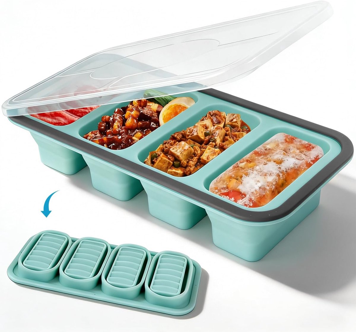 VHV - IJsblokjesvorm - Siliconen Vriesvorm Set - Siliconen invriesvormen - Soepvormenset voor in de vriezer - Siliconen vriesbakje met deksels - Siliconen bouilloncontainer - Van 1000 ml voor het invriezen - Vier compartimenten - 1 stuk - Blauw