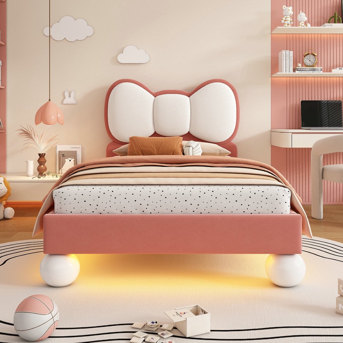 VVBV Kinderbed 90x200 – met LED – Fluweel – Roze – Lattenbodem – Lades – LED-Verlichting – Zonder Matras – Hoofdbord – Ladder – Bed met Led