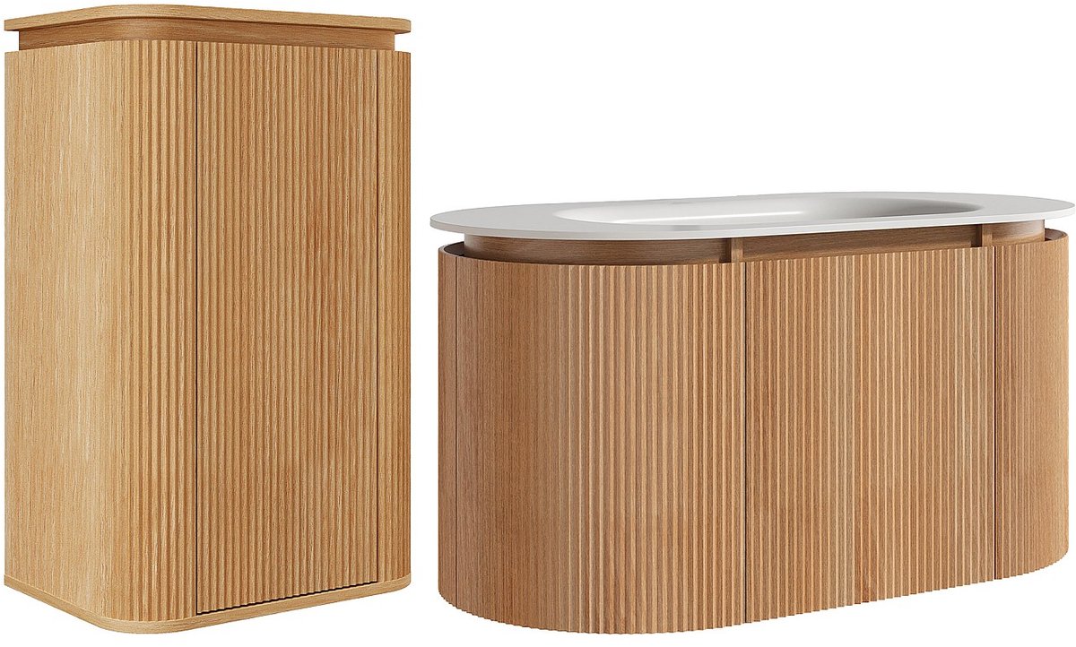 Vente-unique Wandgemonteerd badkamermeubel met gegroefd essenhout, ingebouwde wasbak en kolom – Licht naturel – 90 cm – LILIKO