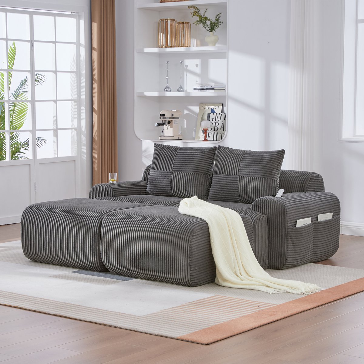 REDOM - Modulaire 2-Zitsbank - Bekerhouder En Zijvak - Modern - Ribstof - Donkergrijs - 200 X 174 X 80 Cm