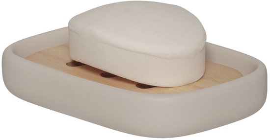Porte-savon greige avec insert en bois et une barre de savon blanche.