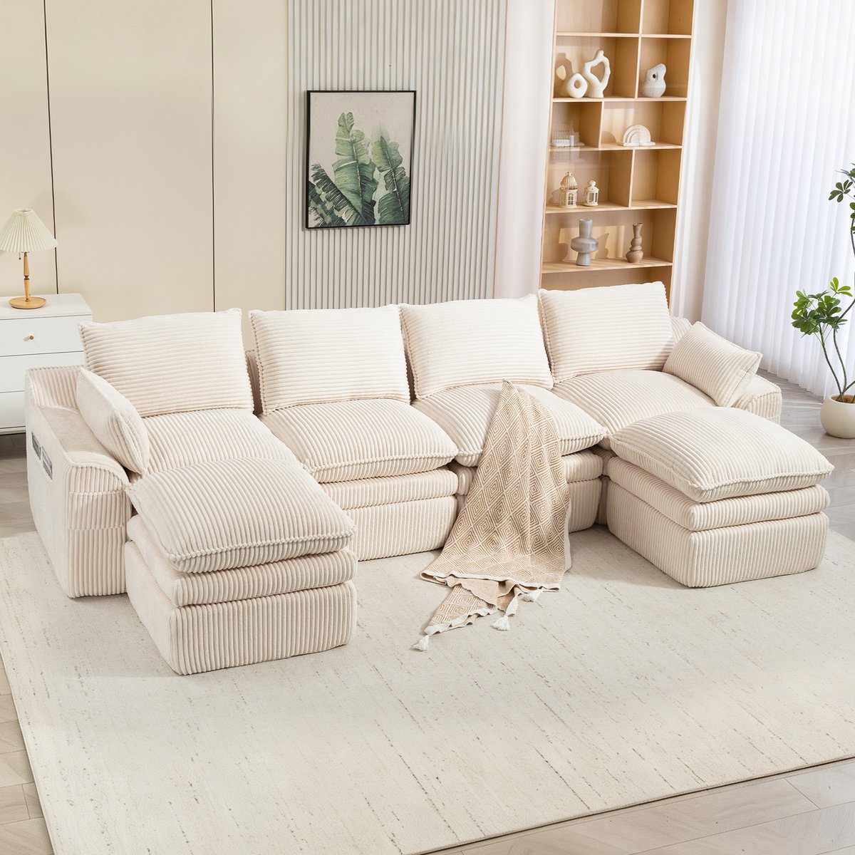 REDOM - Modulaire 4-Zits Bank Met 2 Hockers En Zijvakken - Woonkamer Of Kantoor - Ribstof