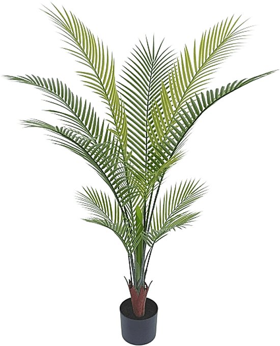 Een volle kunstpalm met lange, groene bladeren in een zwarte pot.