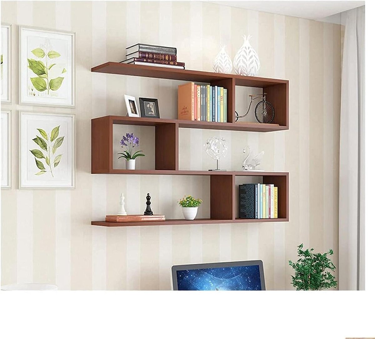 Wandkast - Boekenkast Wijnrek - Opslag en afwerking - Massief Hout Metaal - Maat M - Bruin