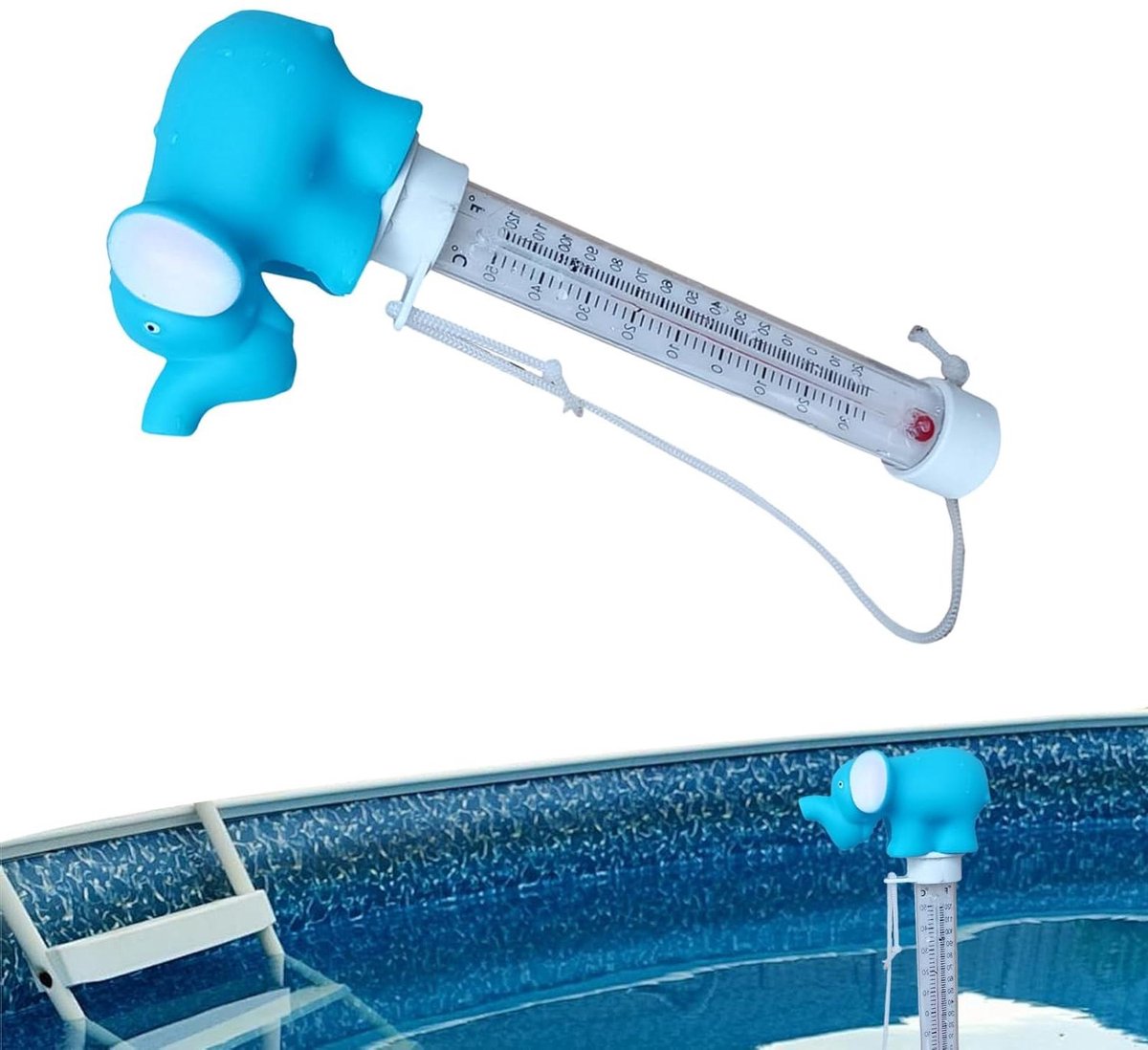 Zwembad Thermometer - Watermeter Drijvend - Zwemplezier Meten - Dubbel Meetsysteem - 20.4 cm Lengte - Olifant
