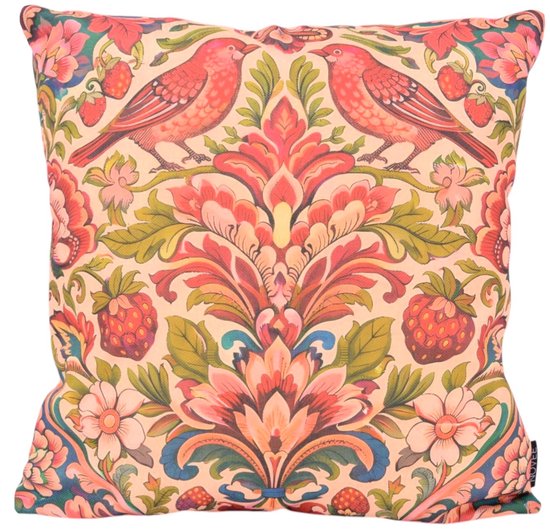 NOVÉE kussenhoes met een Heritage Bloom patroon: twee vogels, bloemen, aardbeien en paisley op een lichte achtergrond.