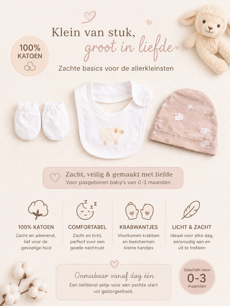 Blijeitje - Luxe 8-delige babycadeauset Beige – Kraamcadeau Unisex - Babyshower & Gender Reveal Cadeau Giftset – Tutpop ollie, Konijn Rammelaar, Babymutsje, Shirtje, Broekje, Slabbetje & Slofjes - Neutraal Schaap Design – foto 7