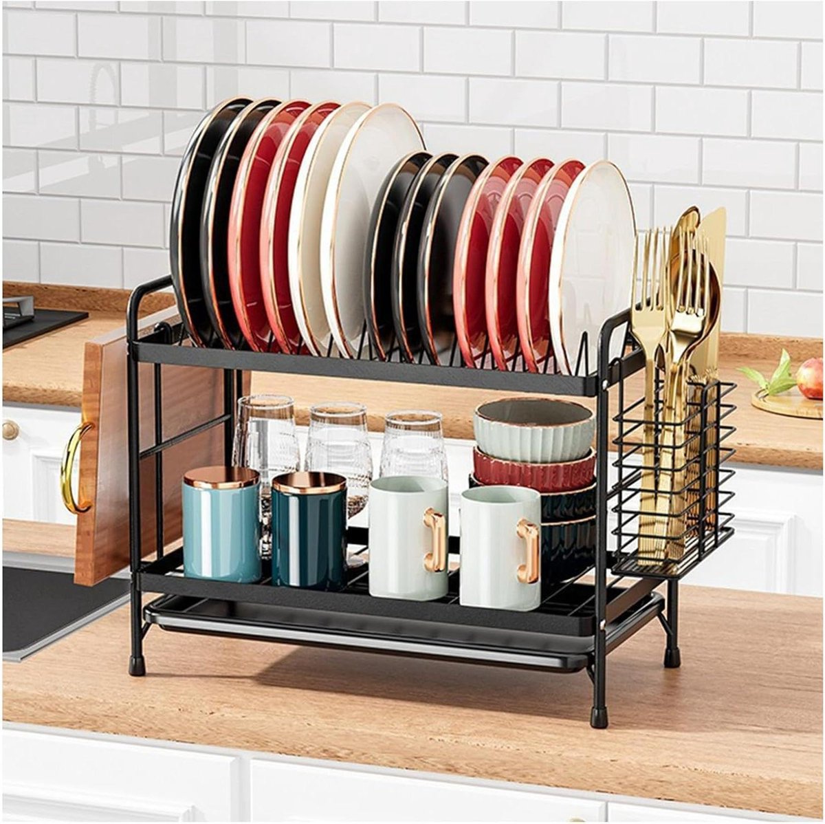 Afdruiprek 2-laags - Keukenrek Vaat - Vaat Drogen - Ruimtebesparend Design - 49 cm - Zwart