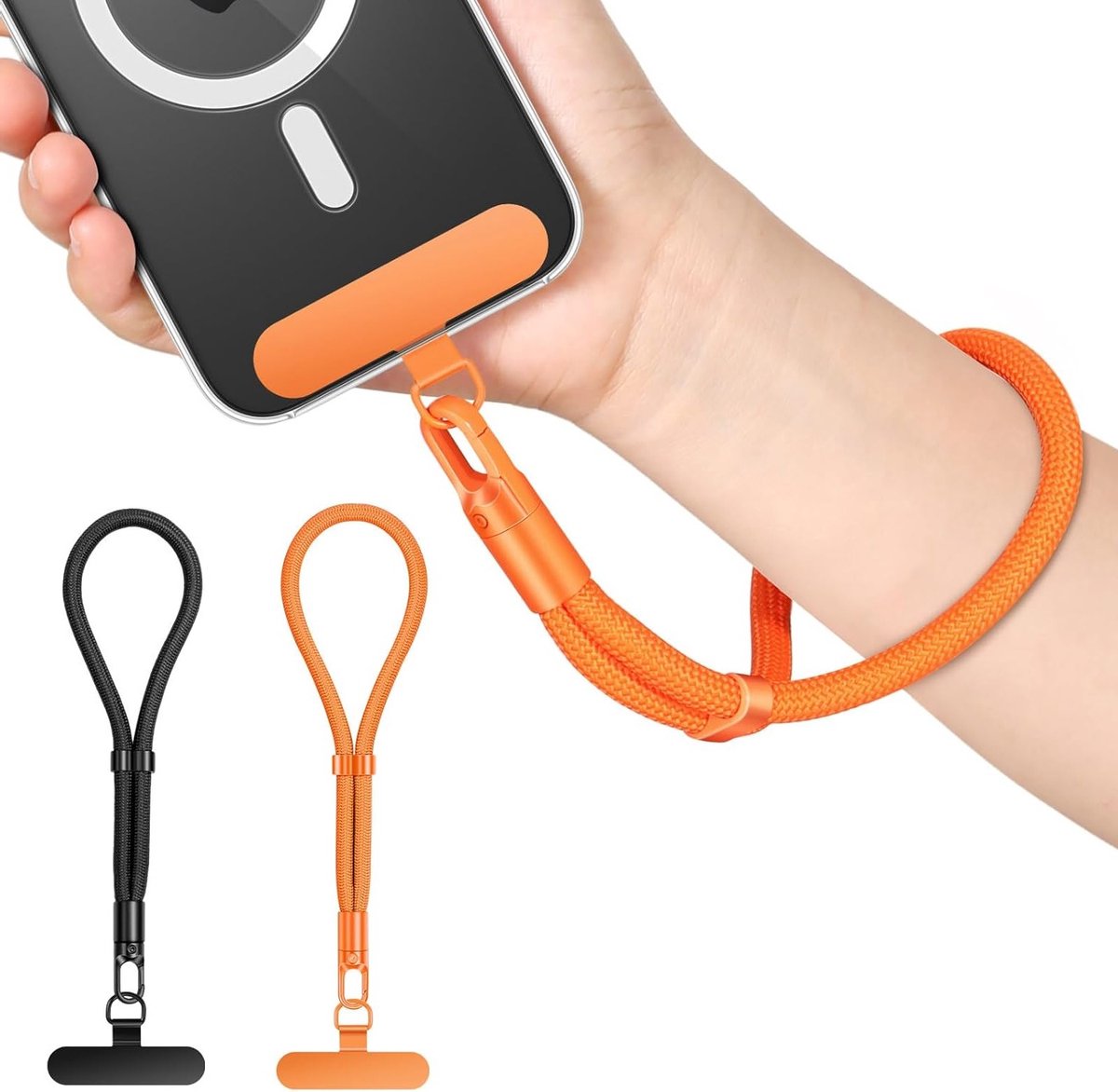 Verstelbare Hand- en Polsband voor Smartphones, Handsfree Telefoon Lanyard met Tether Tab, Geschikt voor iPhone en Android, Oranje/Zwart - 2-Pack