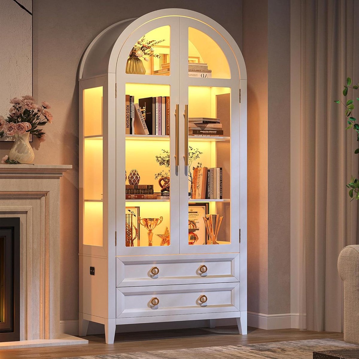 Glazen Vitrinekast - Archiefkast Verlichting - Spullen Tonen - Gebogen Ontwerp - 180 cm Ho